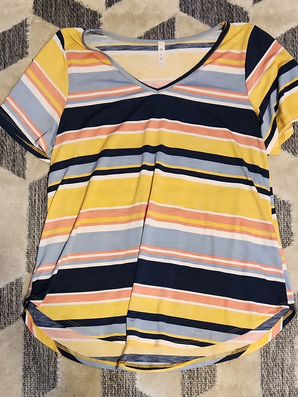 mts Striped V-Neck Short Sleeve Top in Yellow, Navy & Light Blue